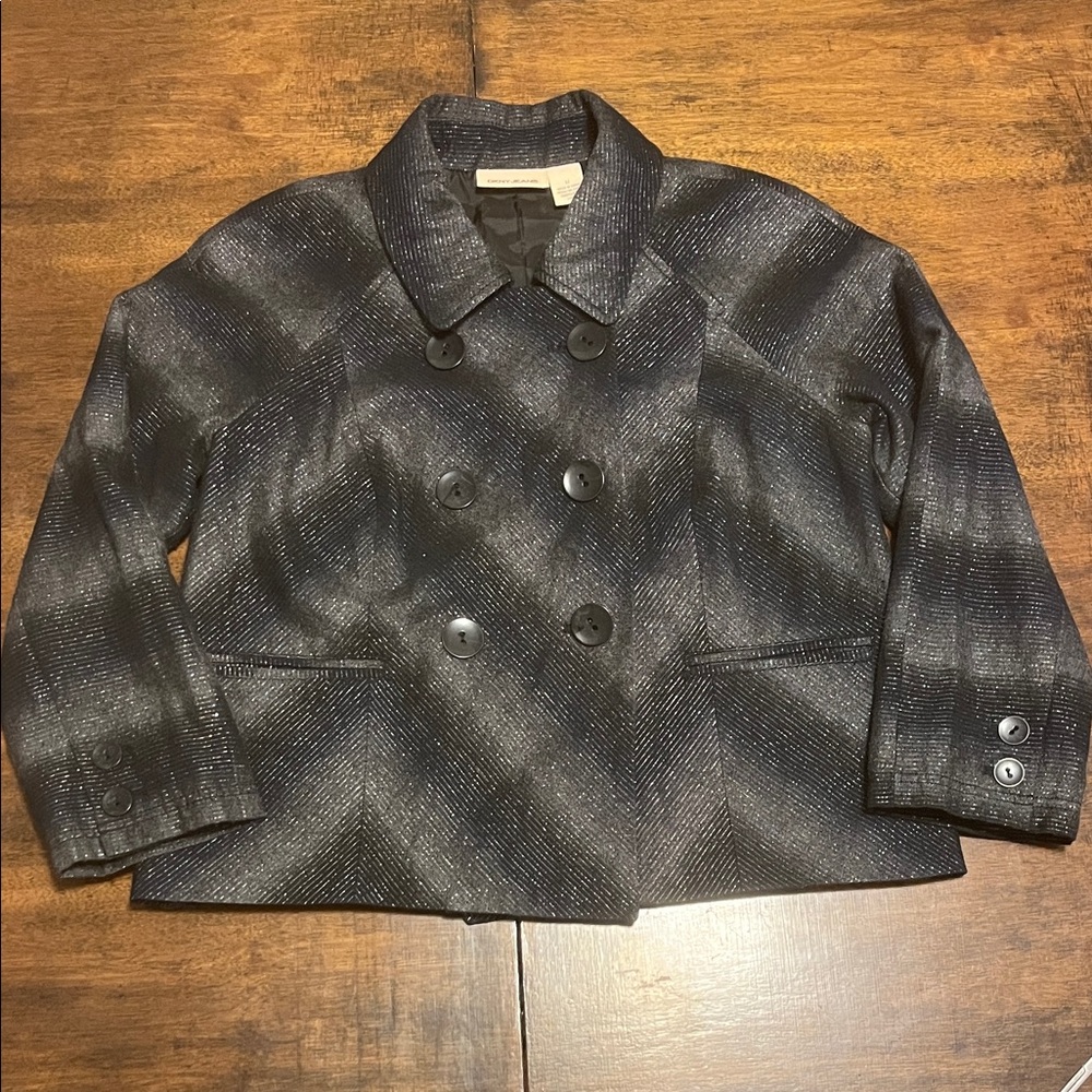 DKNY Jeans Black and Gray with Silver stripes Textured Double Breasted Pea coat